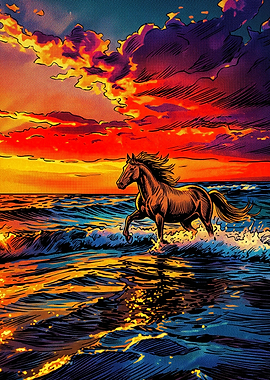 Horse Sunset Ocean Retro Anime Post