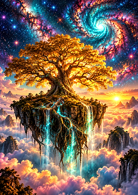 Floating Golden Tree in Cosmic Sky