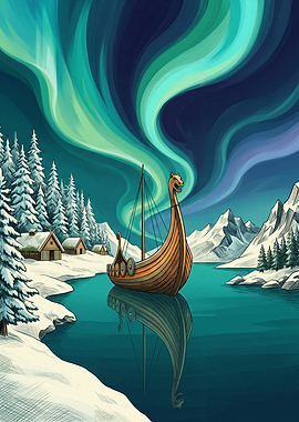 Viking Ship Under Northern Lights Nordic Landscape Digital Illustration