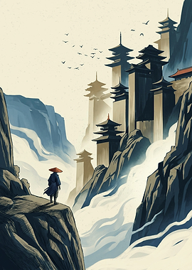 Samurai Mountain Temple Japan Landscape Digital Illustration