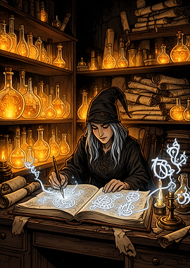 Wizard Writing Magical Runes in Book