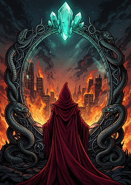 Hooded Figure Before Burning City Mirror