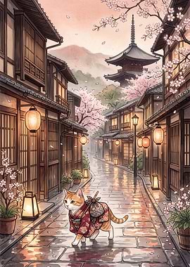 Cat in Kimono Walking Through Kyoto