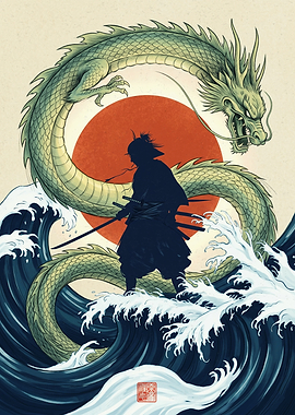 Samurai Dragon Japanese Art Wave Ukiyo E Style Print