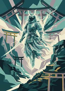 Ghost Samurai Warrior Japan Shrine Geometric Vector Graphic Art