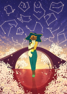 Witch and Cat Under Starry Sky