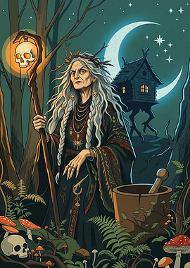 Baba Yaga Witch Forest Fantasy Folk Art Graphic Design Poster