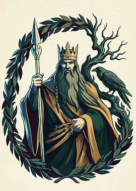 Norse King With Spear And Raven Mythology Art