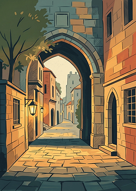 Medieval Alleyway Cityscape Illustration Graphic Clear Brush Strokes