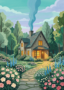 Cozy Cottage In Forest Nature Landscape Gouache Illustration Print