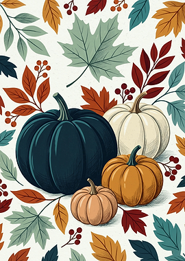 Fall Pumpkins And Autumn Leaves Harvest Season Pencil Sketch Art