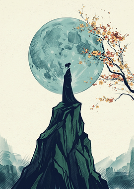 Asian Woman Mountain Moon Cherry Blossom Japan Ukiyo-e Woodblock Art Style