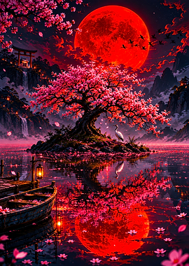 Red Moon Over Cherry Blossom Island