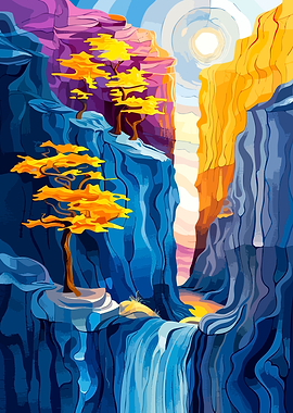 Vibrant Abstract Canyon Waterfall Landscape