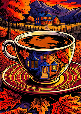 Autumn Coffee Cup Retro Art Poster