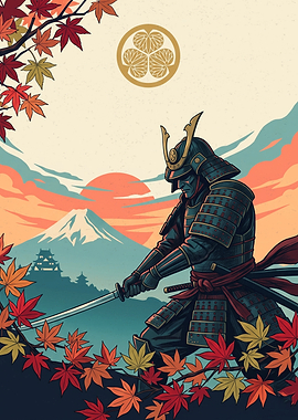 Samurai Japanese Art Mount Fuji And Maple Leaves Vintage Graphic Print
