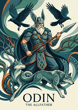 Norse God Odin With Ravens And Wolves Viking Mythology Graphic Art