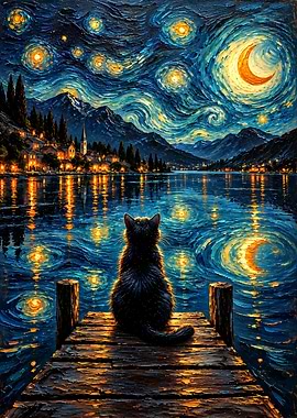 Cat Watching Starry Night Lake