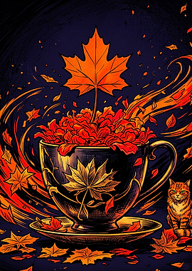 Autumn Tea Cup Fall Leaves Art Post