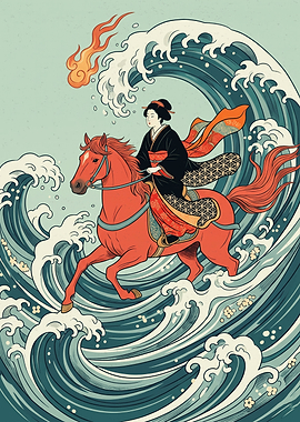 Japanese Geisha Riding Horse Wave Ukiyo E Art