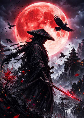 Samurai Red Moon Dark Fantasy Art