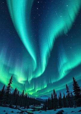 Vibrant Aurora Borealis Over Snowy Forest