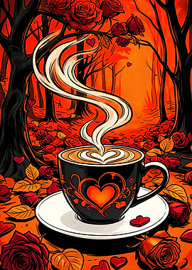 Coffee Cup Rose Forest Red Art Post
