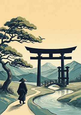 Japanese Samurai Torii Gate Landscape Ukiyo-e Art
