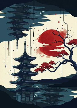 Japanese Pagoda Red Sun Architecture Illustration Vintage Art