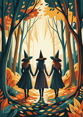 Three Witches Walking In Autumn Forest Witchcraft Magic Art