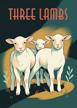 Three Cute Lambs Animals Farm Animals Vintage Retro Poster Graphic Art