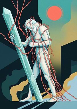 Suffering Man With Crystal And Thorns Mythology Fantasy Graphic Vector Illustration