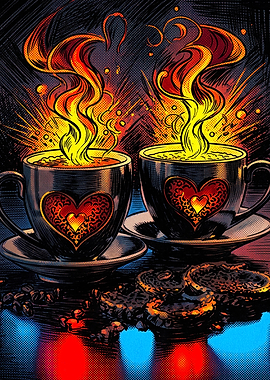 Coffee Flame Heart Retro Comic Art