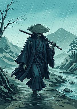 Samurai Walking In Rain Japan Art Japanese Warrior Print