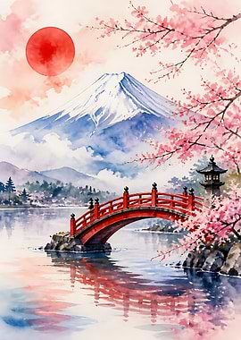 Mount Fuji and Red Bridge Watercolor