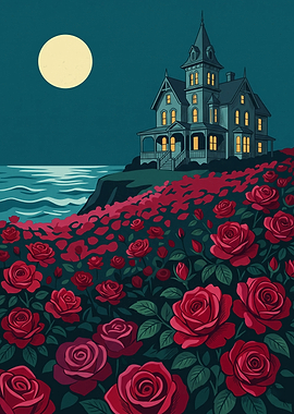 Victorian House Roses Moonlight Gothic Architecture Dark Art Poster