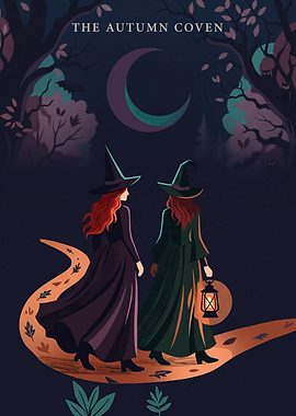 Autumn Coven Witches Walking In Forest Magic Fantasy Flat Illustration Art