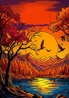 Sunset Lake Autumn Birds Retro Art