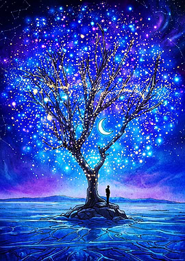Lone Figure Under Cosmic Tree