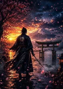 Samurai Mountain Sunset Epic Art