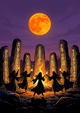 Witches Dancing Around Ritual Fire