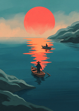 Asian Fisherman Boating Under Red Sun Japanese Landscape Art Print