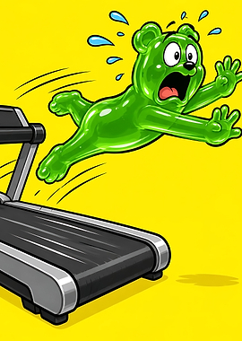 Panicked Gummy Bear on Treadmill