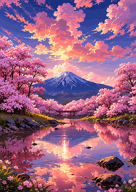Mount Fuji and Cherry Blossoms Sunset