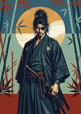 One Eyed Samurai Warrior Japan Bamboo Forest Vintage Art