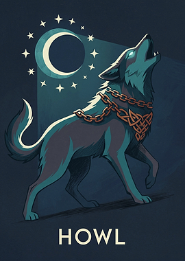 Chained Wolf Howling At The Moon Wolf And Norse Mythology Graphic Art Style