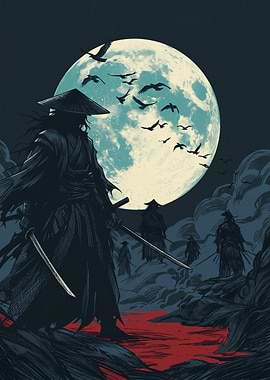 Ronin Moon Samurai Japanese Warrior Graphic Art Print