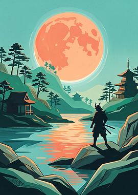 Samurai Red Moon Japanese Landscape Vector Illustration Art Print