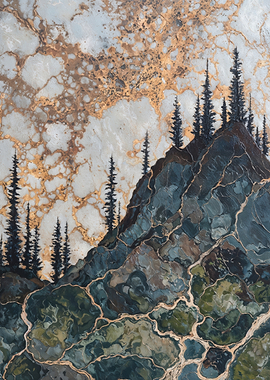 Marbled Mountain Pines Beneath Golden Cracked Sky
