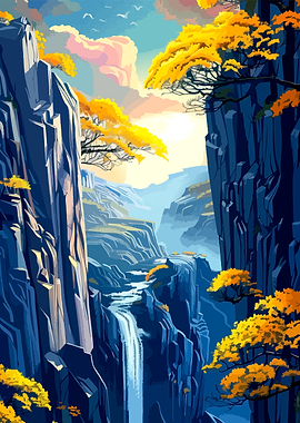 Golden Autumn Waterfall Mountain Landscape